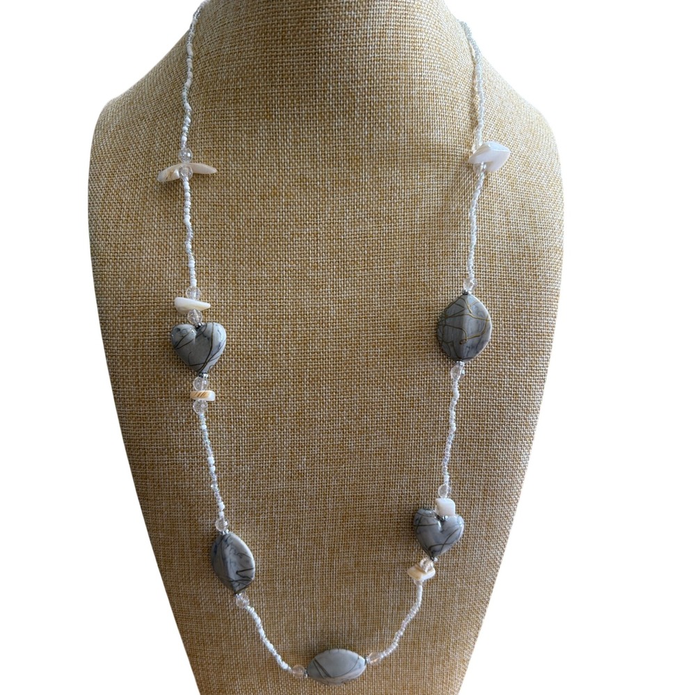 Grey Marble Heart Beaded‎ Long Necklace White Shell Seed Bead Boho Layering